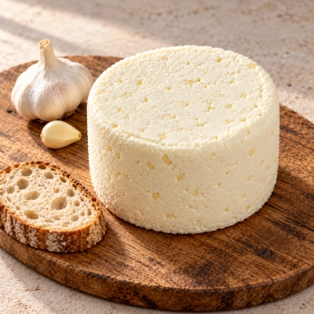 Niewędzony ser podpuszczkowy z czosnkiem 2,5 kg na drewnianej desce z główką czosnku i pieczywem.